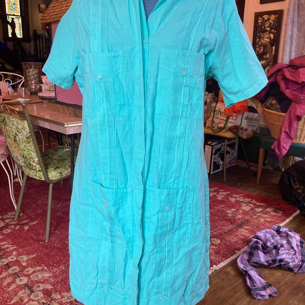 Turquoise Short Sleeve Dress with Pockets